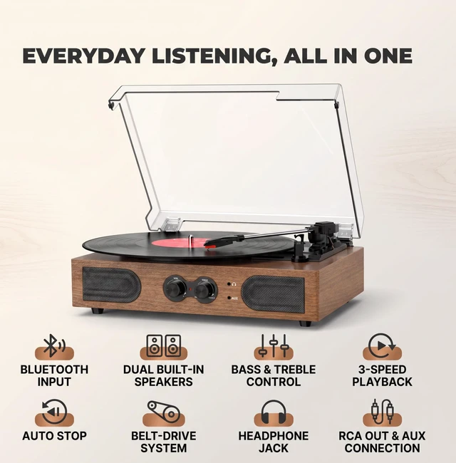 Alt view image 5 of 7 - Vinyl Record Player with Dual Speakers Bass/Treble Control Walnut Built-in Stereo Speakers, Vintage 3-Speed 3 Sizes, Belt-Driven LP Turntable, Headphone Jack, RCA Line-out, AUX-in, Auto-Stop