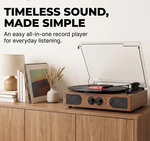 Alt view image 4 of 7 - Vinyl Record Player with Dual Speakers Bass/Treble Control Walnut Built-in Stereo Speakers, Vintage 3-Speed 3 Sizes, Belt-Driven LP Turntable, Headphone Jack, RCA Line-out, AUX-in, Auto-Stop