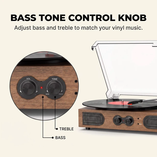 Alt view image 7 of 7 - Vinyl Record Player with Dual Speakers Bass/Treble Control Walnut Built-in Stereo Speakers, Vintage 3-Speed 3 Sizes, Belt-Driven LP Turntable, Headphone Jack, RCA Line-out, AUX-in, Auto-Stop
