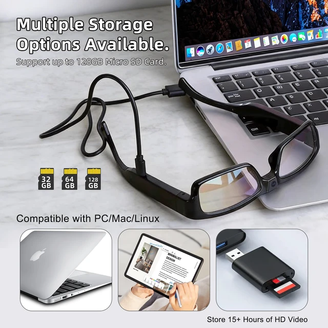 Alt view image 4 of 7 - Camera Glasses 1080P HD Video Recording Smart Glasses with Audio, Wearable POV Camera for Men Women, Hands-Free Recording for Sports Vlogging Outdoor, (128GB SD Card Included)