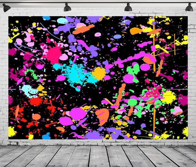 Alt view image 3 of 7 - 15x8Ft Neno Glow in The Dark Birthday Backdrops Colorful Graffiti Splash Paint Party Background Slime Happy Birthday Black Light Sleppover Party Decorations Birthday Banner