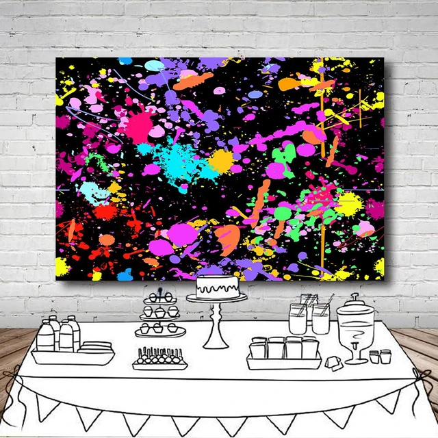 Alt view image 5 of 7 - 15x8Ft Neno Glow in The Dark Birthday Backdrops Colorful Graffiti Splash Paint Party Background Slime Happy Birthday Black Light Sleppover Party Decorations Birthday Banner