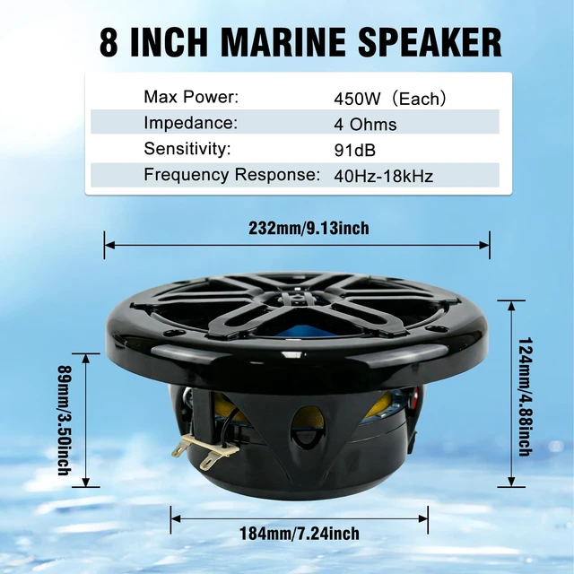 Alt view image 5 of 7 - 8" 450W Marine Speakers - IP66 Waterproof Coaxial Audio, with Blue LED Light for Boats, ATVs, UTVs with UV Resistant Black Grille (A Pair)