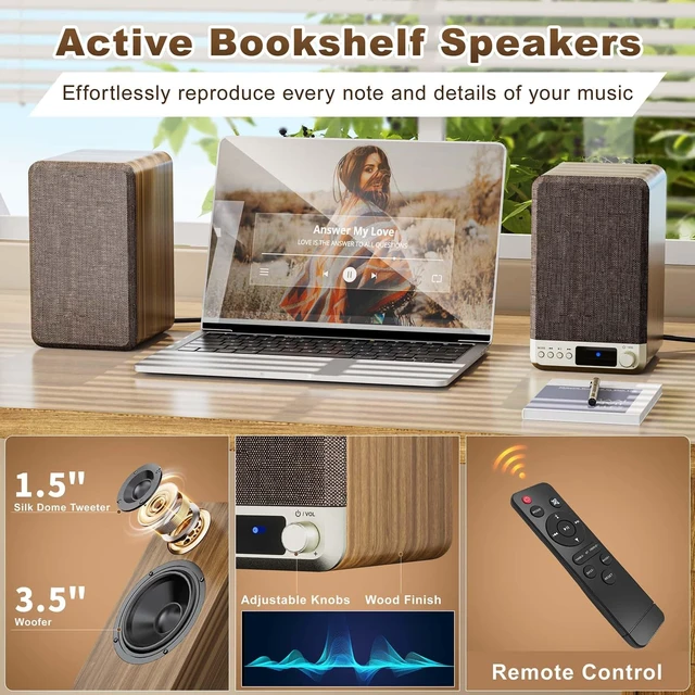 Alt view image 3 of 7 - Powered Bookshelf Speakers for Turntable Vinyl Record Player 30W*2, 3.5 Inch Woofer, AUX/RCA/BT Wired & Wireless Input, Compact Desktop HiFi Stereo Sound Active Speakers for Computer PC