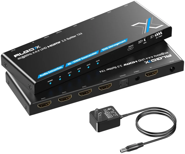 Main image of 4K 60Hz HDMI Splitter 1x4 with Audio Extractor, Downscaler & EDID TOSLINK & 3.5mm audio out, per-output 4K-to-1080p scaling for mixed displays, lossless, 18Gbps HDMI 2.0, HDR, HDCP 2.2