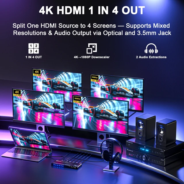 Alt view image 2 of 7 - 4K 60Hz HDMI Splitter 1x4 with Audio Extractor, Downscaler & EDID TOSLINK & 3.5mm audio out, per-output 4K-to-1080p scaling for mixed displays, lossless, 18Gbps HDMI 2.0, HDR, HDCP 2.2