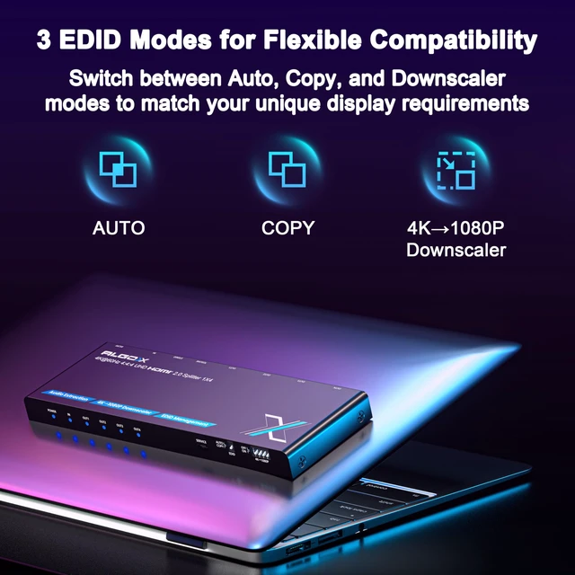Alt view image 4 of 7 - 4K 60Hz HDMI Splitter 1x4 with Audio Extractor, Downscaler & EDID TOSLINK & 3.5mm audio out, per-output 4K-to-1080p scaling for mixed displays, lossless, 18Gbps HDMI 2.0, HDR, HDCP 2.2