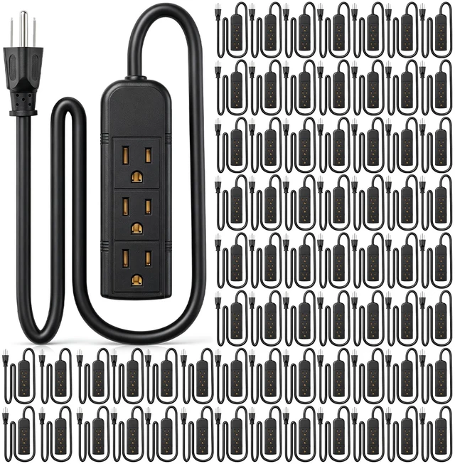 Main image of 20 Pack 3 Outlet Power Strip Flat Plug Extension Cord, 1 ft, Black 3 Outlet Power Strip Surge Protector, Power Strip Bulk Pack, Mini Cord 3 Ground Heavy Duty Mountable Outlets Strip, Computer
