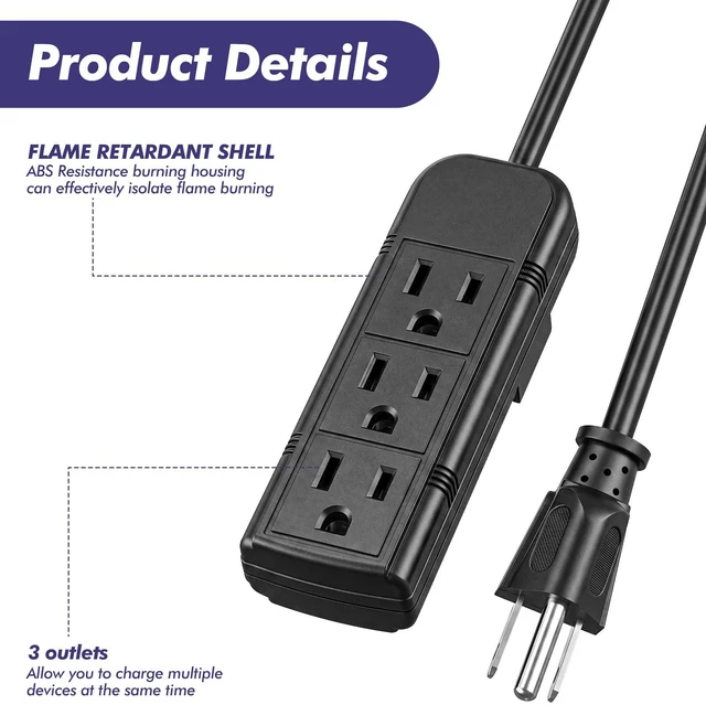 Alt view image 3 of 7 - 20 Pack 3 Outlet Power Strip Flat Plug Extension Cord, 1 ft, Black 3 Outlet Power Strip Surge Protector, Power Strip Bulk Pack, Mini Cord 3 Ground Heavy Duty Mountable Outlets Strip, Computer