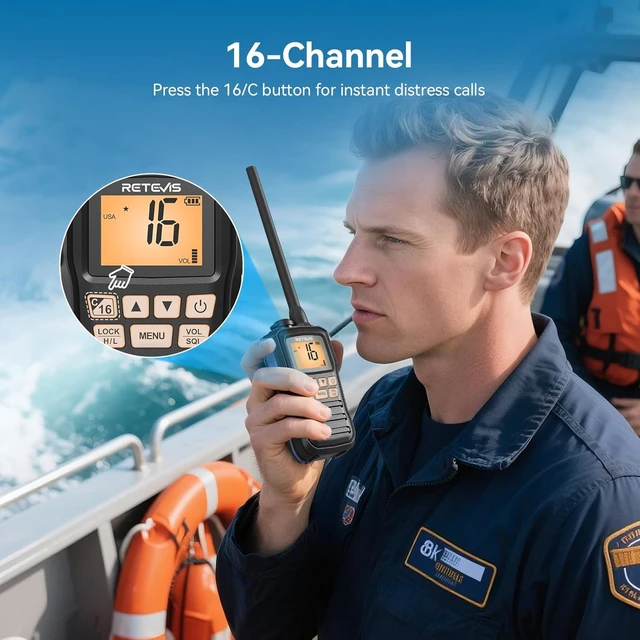 Alt view image 6 of 7 - RM01 3W Marine Radio VHF IP67 Floating, Portable for Kayak (1 Pack) NOAA Weather Alert, 88 US/CA/International Channels, Vibration Drainage, Dual Color Screen, Tri-Watch, 5 AAA Batteries