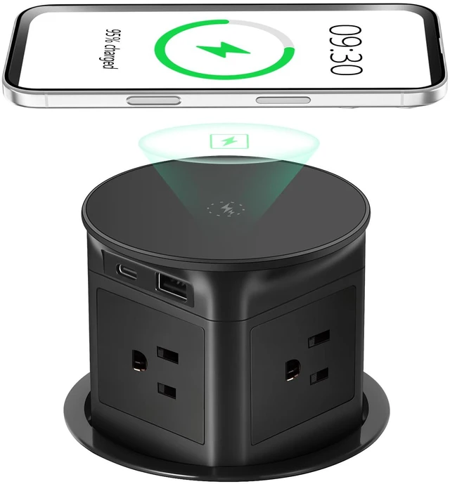 Main image of 3.86" Pop Up Outlet for Countertop,15W Wireless Charger,USB-C 20W -Black 4-Side Outlets 1875W Overload Protection, USB-C PD 20W Super Fast Charging,6.5 Ft 16AWG Cable ETL Listed for Office home