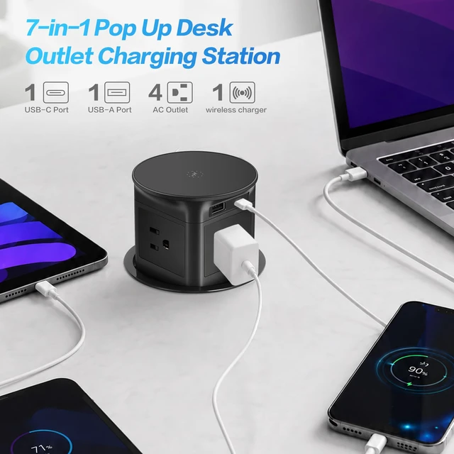 Alt view image 4 of 7 - 3.86" Pop Up Outlet for Countertop,15W Wireless Charger,USB-C 20W -Black 4-Side Outlets 1875W Overload Protection, USB-C PD 20W Super Fast Charging,6.5 Ft 16AWG Cable ETL Listed for Office home