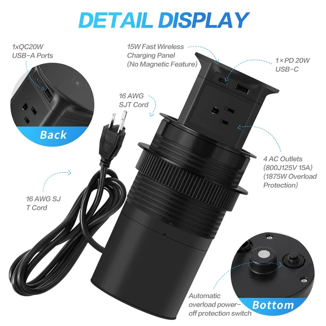 Alt view image 5 of 7 - 3.86" Pop Up Outlet for Countertop,15W Wireless Charger,USB-C 20W -Black 4-Side Outlets 1875W Overload Protection, USB-C PD 20W Super Fast Charging,6.5 Ft 16AWG Cable ETL Listed for Office home
