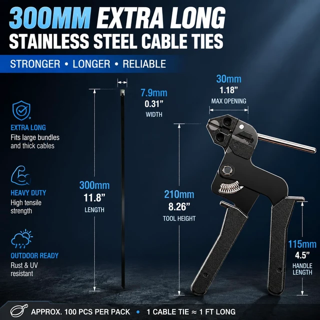 Alt view image 2 of 7 - 500PCS Cable Ties Kit, 11.8 Inch Heavy Duty Black Metal Zip Ties 304 Stainless Steel Zip Ties, 264LBS High-strength,Self-locking Secure Fastening,Ideal for Outdoor,Fence, Exhaust Wrap Etc