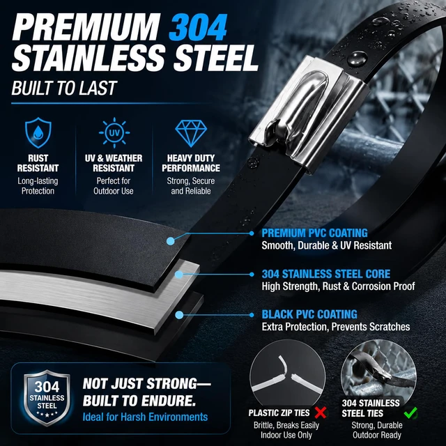Alt view image 3 of 7 - 500PCS Cable Ties Kit, 11.8 Inch Heavy Duty Black Metal Zip Ties 304 Stainless Steel Zip Ties, 264LBS High-strength,Self-locking Secure Fastening,Ideal for Outdoor,Fence, Exhaust Wrap Etc