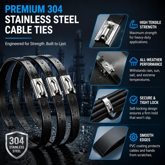 Alt view image 5 of 7 - 500PCS Cable Ties Kit, 11.8 Inch Heavy Duty Black Metal Zip Ties 304 Stainless Steel Zip Ties, 264LBS High-strength,Self-locking Secure Fastening,Ideal for Outdoor,Fence, Exhaust Wrap Etc