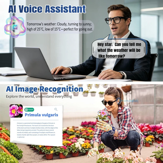 Alt view image 5 of 7 - AI Smart Glasses with Camera, 4K Photos & 1080P Video,Real-Time Translation, Bluetooth 5.3, Assistant Conversation, Suitable for Vlogging,Cycling, Hiking Travel, Business
