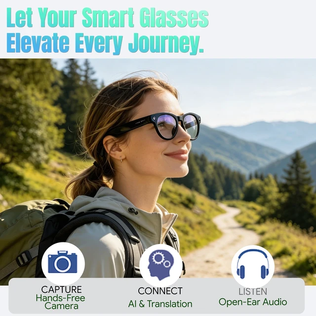 Alt view image 7 of 7 - AI Smart Glasses with Camera, 4K Photos & 1080P Video,Real-Time Translation, Bluetooth 5.3, Assistant Conversation, Suitable for Vlogging,Cycling, Hiking Travel, Business