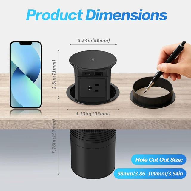 Alt view image 2 of 7 - 3.86" Pop Up Outlet for Countertop,15W Wireless Charger,USB-C 20W -Black 4-Side Outlets 1875W Overload Protection, USB-C PD 20W Super Fast Charging,6.5 Ft 16AWG Cable ETL Listed for Office home