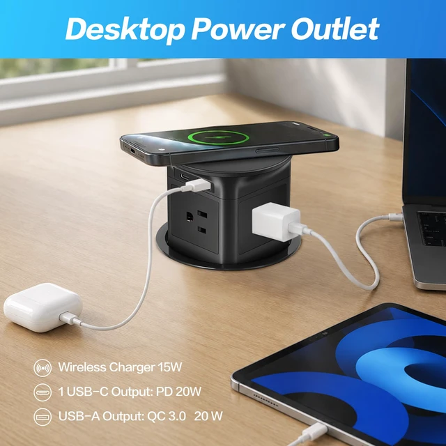 Alt view image 3 of 7 - 3.86" Pop Up Outlet for Countertop,15W Wireless Charger,USB-C 20W -Black 4-Side Outlets 1875W Overload Protection, USB-C PD 20W Super Fast Charging,6.5 Ft 16AWG Cable ETL Listed for Office home