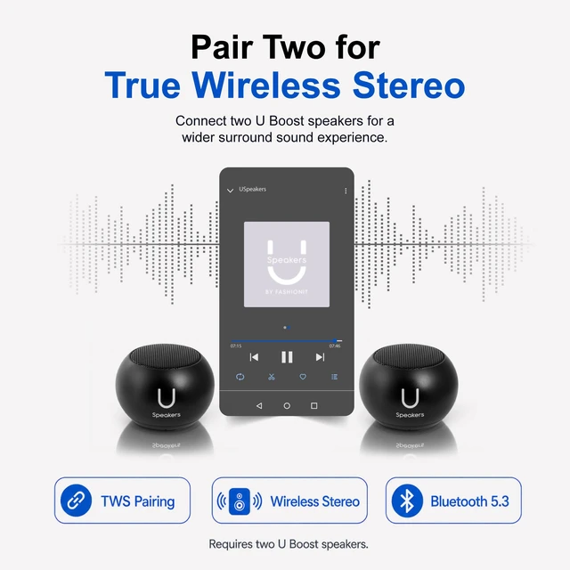 Alt view image 2 of 7 - U Mini Bluetooth Speaker, Portable Small Magnetic, Black compact aluminum shell, travel and beach speaker, magnetic mount, TWS stereo pairing, 30 foot range, rechargeable