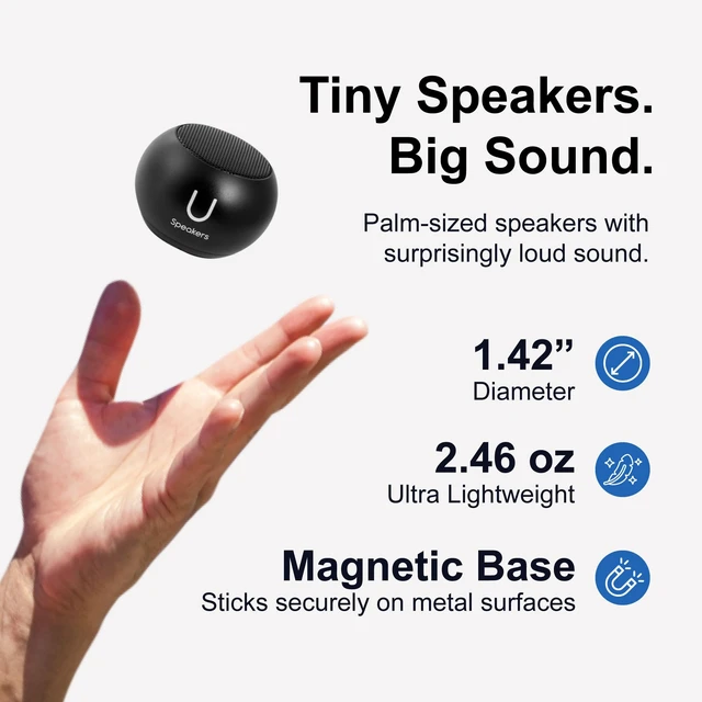 Alt view image 3 of 7 - U Mini Bluetooth Speaker, Portable Small Magnetic, Black compact aluminum shell, travel and beach speaker, magnetic mount, TWS stereo pairing, 30 foot range, rechargeable
