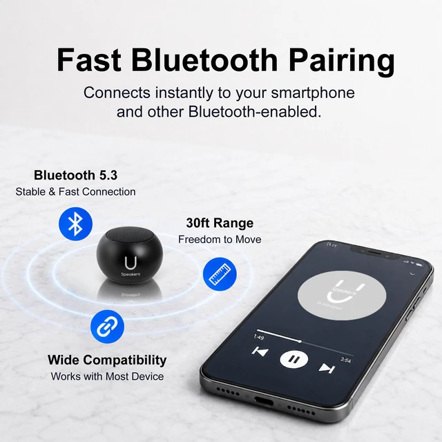 Alt view image 4 of 7 - U Mini Bluetooth Speaker, Portable Small Magnetic, Black compact aluminum shell, travel and beach speaker, magnetic mount, TWS stereo pairing, 30 foot range, rechargeable
