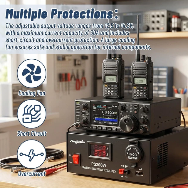 Alt view image 4 of 6 - DC Bench Power Supply 30A 13.8V, Universal Regulated Power Supply for Radio, USB+Anderson+Cigarette Lighter Socket Home Lab Benchtop AC-to-DC Converter for CB/HAM/Amateur Radio