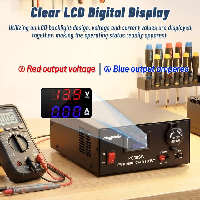 Alt view image 5 of 6 - DC Bench Power Supply 30A 13.8V, Universal Regulated Power Supply for Radio, USB+Anderson+Cigarette Lighter Socket Home Lab Benchtop AC-to-DC Converter for CB/HAM/Amateur Radio