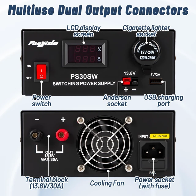 Alt view image 6 of 6 - DC Bench Power Supply 30A 13.8V, Universal Regulated Power Supply for Radio, USB+Anderson+Cigarette Lighter Socket Home Lab Benchtop AC-to-DC Converter for CB/HAM/Amateur Radio