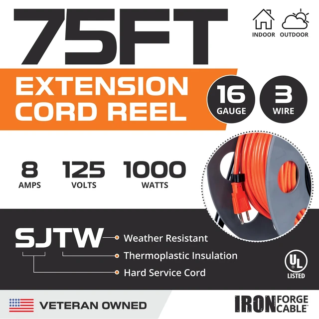 Alt view image 3 of 6 - Extension Cord Reel, 75 Ft, 4 Outlets 14/3 Cable, Portable Reel, 4 Grounded Outlets - For Garage, Shop & Job Sites