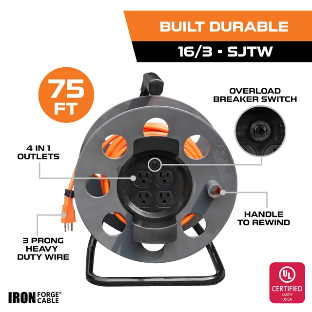 Alt view image 4 of 6 - Extension Cord Reel, 75 Ft, 4 Outlets 14/3 Cable, Portable Reel, 4 Grounded Outlets - For Garage, Shop & Job Sites