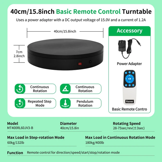 Alt view image 2 of 7 - Remote-Controlled Motorized Turntable,Electric Rotating Display Stand,Speed-Adjustable Rotating Platform,Multi-Mode 360° Photography Turntable for 3D Scan,Photography,Showcase(15.8inch/Black)