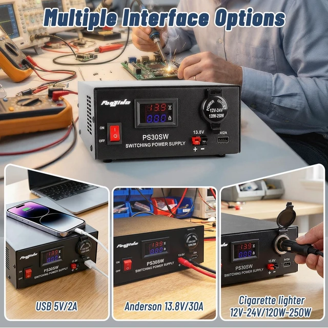 Alt view image 2 of 6 - DC Bench Power Supply 30A 13.8V, Universal Regulated Power Supply for Radio, USB+Anderson+Cigarette Lighter Socket Home Lab Benchtop AC-to-DC Converter for CB/HAM/Amateur Radio