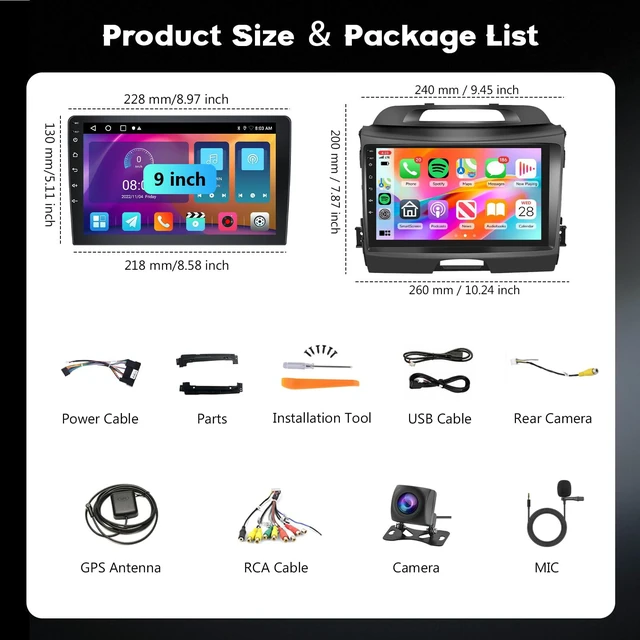 Alt view image 7 of 7 - Android Car Stereo for Kia Sportage 2010-2016 Wireless CarPlay Android Auto 9 Inch HD Touchscreen with 2+64G storage, Sportage Radio with 5Ghz WiFi GPS Bluetooth FM/RDS EQ SWC 26UI Backup Camera MIC