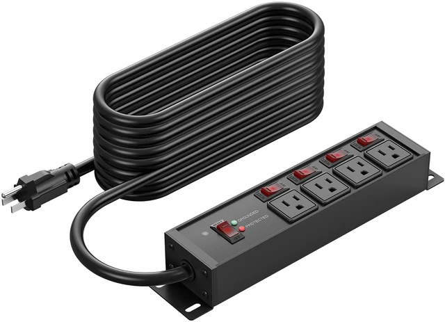 Main image of 12 Gauge Long Extension Cord, Individual Switches, Black, 50FT. Multiple Outlets, Heavy Duty Surge Protector Power Strip, Outdoor, Grounded, Appliance, Garage Wall Mount Plug Extender