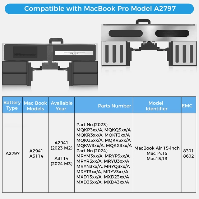 Alt view image 3 of 7 - A2941 Battery,A2797 Battery Replacement for MacBook Air 15 Inch M2 (2023) EMC 8301(Upgraded High Performance 11.54V 6000mAh 66.5Wh)