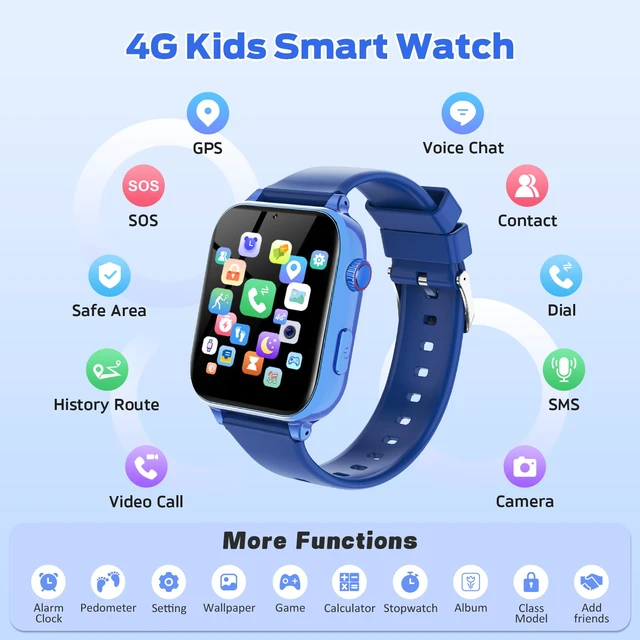 Alt view image 2 of 7 - 4G Kids Smart Watch with GPS Tracker, Video Call & Texting, Smart Watch for Kids with SIM Card, SOS, School Mode, HD Camera, Pedometer, Kid Watch Gift for Boys Girls Age 4-12, Bule