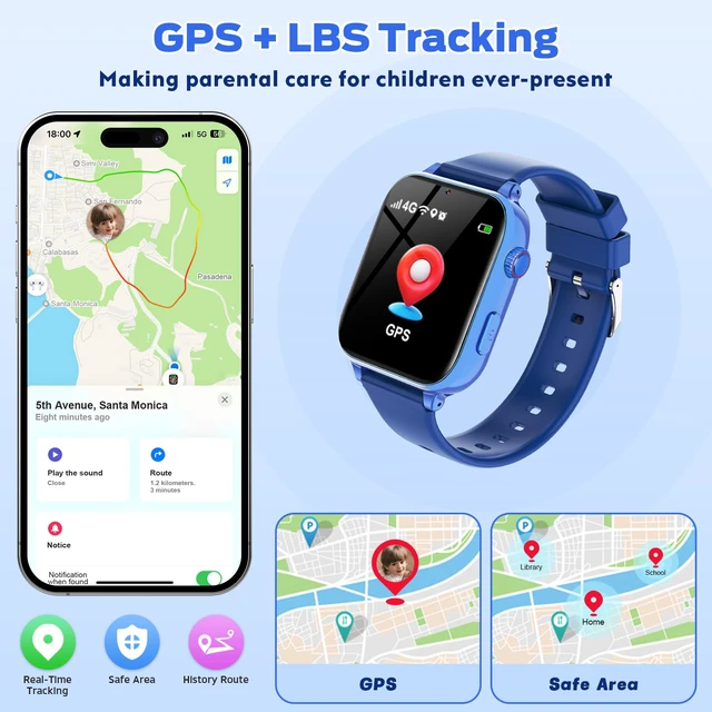 Alt view image 3 of 7 - 4G Kids Smart Watch with GPS Tracker, Video Call & Texting, Smart Watch for Kids with SIM Card, SOS, School Mode, HD Camera, Pedometer, Kid Watch Gift for Boys Girls Age 4-12, Bule