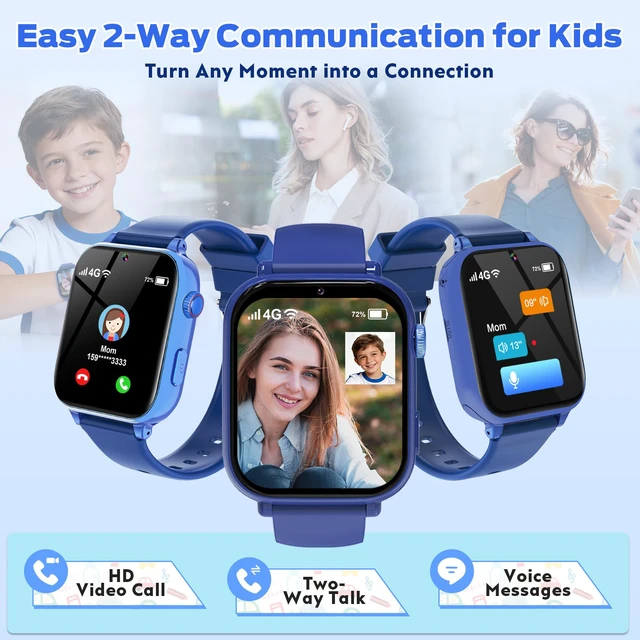 Alt view image 4 of 7 - 4G Kids Smart Watch with GPS Tracker, Video Call & Texting, Smart Watch for Kids with SIM Card, SOS, School Mode, HD Camera, Pedometer, Kid Watch Gift for Boys Girls Age 4-12, Bule
