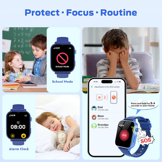 Alt view image 5 of 7 - 4G Kids Smart Watch with GPS Tracker, Video Call & Texting, Smart Watch for Kids with SIM Card, SOS, School Mode, HD Camera, Pedometer, Kid Watch Gift for Boys Girls Age 4-12, Bule