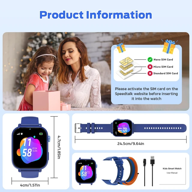 Alt view image 7 of 7 - 4G Kids Smart Watch with GPS Tracker, Video Call & Texting, Smart Watch for Kids with SIM Card, SOS, School Mode, HD Camera, Pedometer, Kid Watch Gift for Boys Girls Age 4-12, Bule