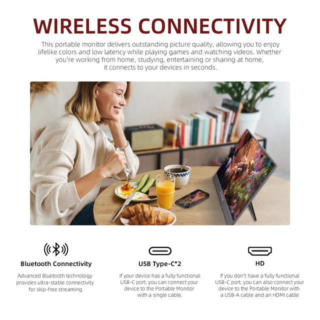 Alt view image 2 of 7 - 15.6 Inch Wireless Portable Monitor, 1080P FHD USB-C HDMI External Display, IPS HDR Travel Screen with Wi-Fi AirPlay Miracast & Smart Stand for Laptop Phone Mac Xbox Switch