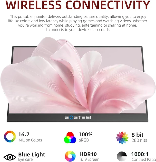 Alt view image 3 of 7 - 15.6 Inch Wireless Portable Monitor, 1080P FHD USB-C HDMI External Display, IPS HDR Travel Screen with Wi-Fi AirPlay Miracast & Smart Stand for Laptop Phone Mac Xbox Switch