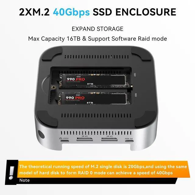 Alt view image 4 of 4 - 40Gbps Mac mini M4 Dock & Stand with Dual-Bay NVMe SSD Enclosure, Aluminum DP Hub for Mac mini M4 and M4 Pro 2024, 4K60Hz DP, 3X10G USB A, PD 30W, SD/TF 4.0, Support Dual SSD B+M M-Key