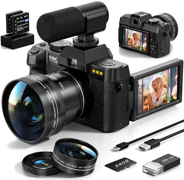 Main image of 8K Digital Cameras for Photography, 64MP Vlogging Camera with 180°Flip Screen,2 Batteries, 64GB TF Card,16X Zoom, WiFi,Microphone, Wide & Macro Lens Kit (Black) (Black)