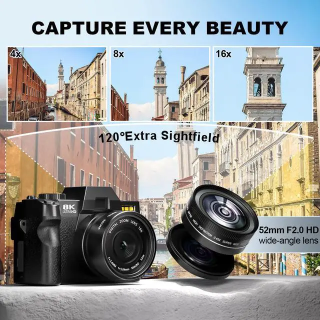 Alt view image 2 of 4 - 8K Digital Cameras for Photography, 64MP Vlogging Camera with 180°Flip Screen,2 Batteries, 64GB TF Card,16X Zoom, WiFi,Microphone, Wide & Macro Lens Kit (Black) (Black)