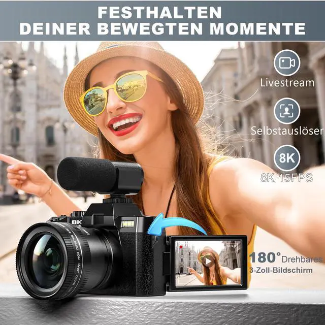 Alt view image 4 of 4 - 8K Digital Cameras for Photography, 64MP Vlogging Camera with 180°Flip Screen,2 Batteries, 64GB TF Card,16X Zoom, WiFi,Microphone, Wide & Macro Lens Kit (Black) (Black)