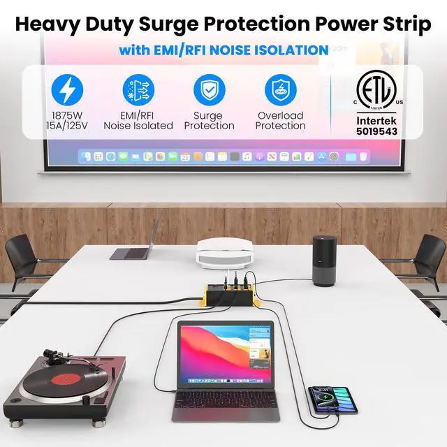 Alt view image 2 of 4 - Heavy Duty Power Strip Surge Protector 4800J, 6 Outlets with EMI/RFI Filtering and Noise Isolated Banks, Wall Mount Metal Multiple Plugs for Industrial Garage Shop, 6FT Extension Cord Flat Plug