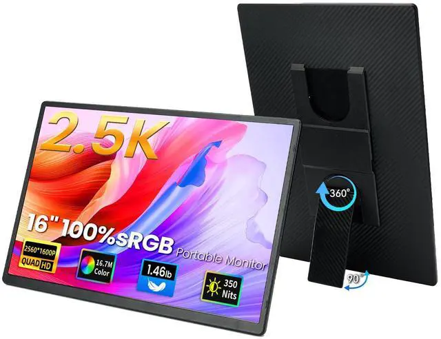 Main image of 16" 2.5K Portable Monitor - QHD Laptop Screen Extender 100% sRGB Wide Color HDMI/USB C/USB A Travel External Display Stand Gaming Monitor for PC Windows MAC Computer Switch Phone Xbox PS4/5